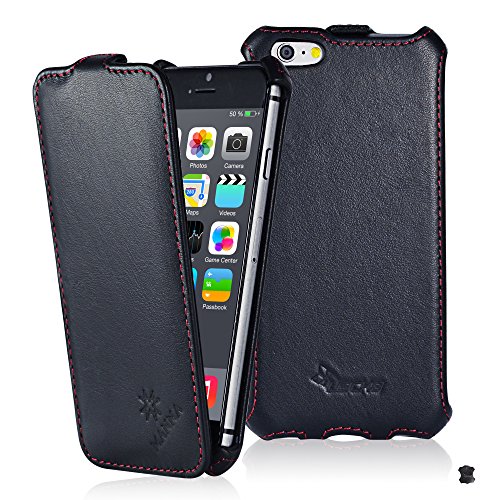 Manna UltraSlim Hülle für iPhone 6 mit 4.7 Zoll | Flip Case Tasche aus echtem Leder, schwarz mit farblich abgesetzter Naht von LEICKE