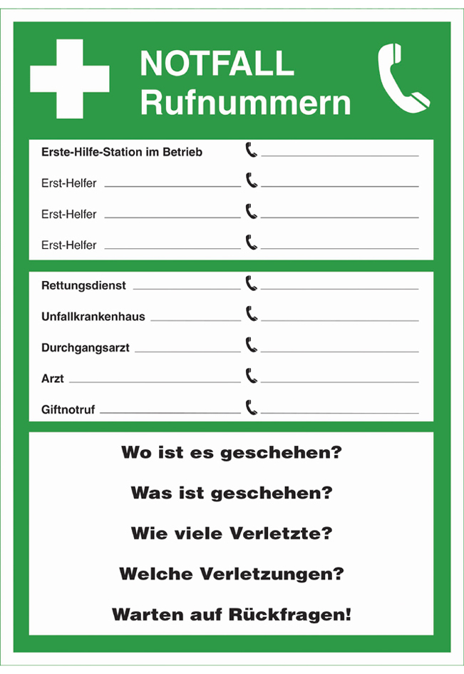 LEINA Hinweisschild , Notfall-Rufnummern, LEINA Hinweisschild , Notfall-Rufnummern, von LEINA-WERKE