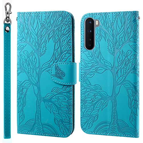 LEINOTWANCH Handyhülle für OnePlus Nord Hülle Lebensbaum Schmetterling Leder Magnetic Closure Etui Klapphülle Wallet Handytasche Anti-Diebstahl Flip Cover,Blau von LEINOTWANCH