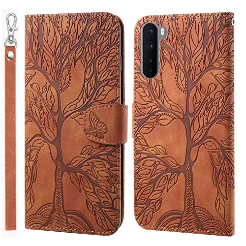 LEINOTWANCH Handyhülle für OnePlus Nord Hülle Lebensbaum Schmetterling Leder Magnetic Closure Etui Klapphülle Wallet Handytasche Anti-Diebstahl Flip Cover,Braun von LEINOTWANCH