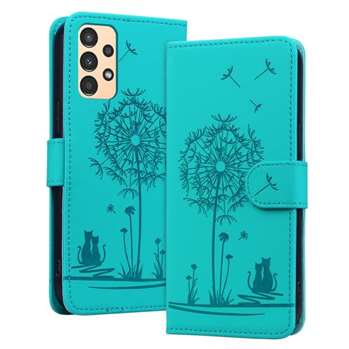LEINOTWANCH Handyhülle für Samsung Galaxy A13 4G/5G/A04S (6.6 Zoll) Klappbar,Katze Leder Magnetic Closure Etui Standfunktion Klapphülle,Kartenfächer Wallet Lanyard Schutzhülle,Grün von LEINOTWANCH