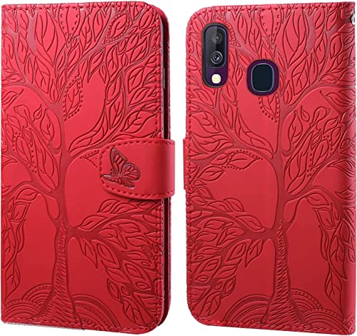 LEINOTWANCH Handyhülle für Samsung Galaxy A20e Wallet Flip Case Leder Handytasche,Magnetic Closure,Kartenfächer,Aufstellfunktion,schützend und geprägt mit Lebensbaum Muster-Rot von LEINOTWANCH