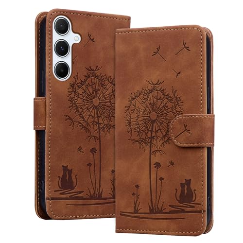 LEINOTWANCH Handyhülle für Samsung Galaxy A55 5G (6.6 Zoll) Klappbar,Katze Leder Magnetic Closure Etui Standfunktion Klapphülle,Kartenfächer Wallet Lanyard Schutzhülle,Braun von LEINOTWANCH
