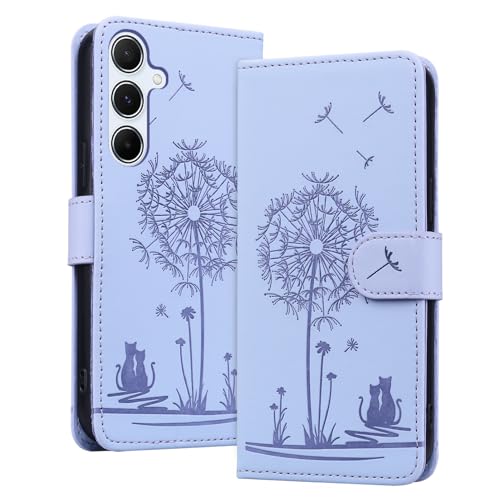 LEINOTWANCH Handyhülle für Samsung Galaxy A55 5G (6.6 Zoll) Klappbar,Katze Leder Magnetic Closure Etui Standfunktion Klapphülle,Kartenfächer Wallet Lanyard Schutzhülle,Lila von LEINOTWANCH