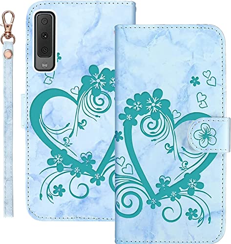 LEINOTWANCH Handyhülle für Samsung Galaxy A7 (2018)/A750 Hülle Liebe+ Kirschblüten Leder Magnetic Closure Etui Klapphülle Wallet Handytasche Anti-Diebstahl Flip Cover Handyhülle,Grün von LEINOTWANCH