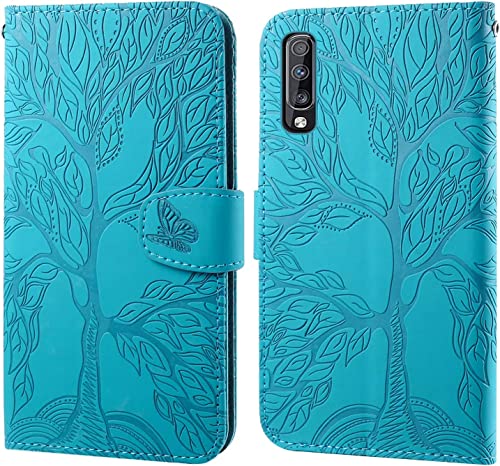 LEINOTWANCH Handyhülle für Samsung Galaxy A70 Wallet Flip Case Leder Handytasche,Magnetic Closure,Kartenfächer,Aufstellfunktion,schützend und geprägt mit Lebensbaum Muster-Blau von LEINOTWANCH