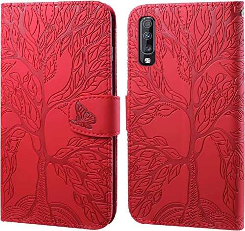 LEINOTWANCH Handyhülle für Samsung Galaxy A70 Wallet Flip Case Leder Handytasche,Magnetic Closure,Kartenfächer,Aufstellfunktion,schützend und geprägt mit Lebensbaum Muster-Rot von LEINOTWANCH