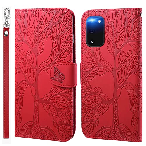 LEINOTWANCH Handyhülle für Samsung Galaxy S20 5G Wallet Flip Case Leder Handytasche,Magnetic Closure,Kartenfächer,Aufstellfunktion,schützend und geprägt mit Lebensbaum Muster-Rot von LEINOTWANCH