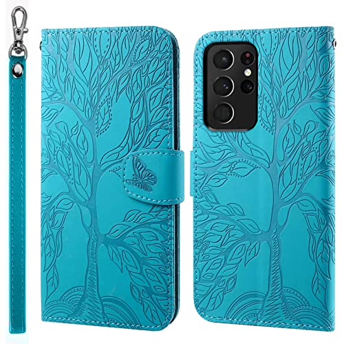 LEINOTWANCH Handyhülle für Samsung Galaxy S21 Ultra 5G Wallet Flip Case Leder Handytasche,Magnetic Closure,Kartenfächer,Aufstellfunktion,schützend und geprägt mit Lebensbaum Muster-Blau von LEINOTWANCH