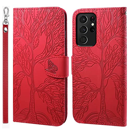 LEINOTWANCH Handyhülle für Samsung Galaxy S21 Ultra 5G Wallet Flip Case Leder Handytasche,Magnetic Closure,Kartenfächer,Aufstellfunktion,schützend und geprägt mit Lebensbaum Muster-Rot von LEINOTWANCH