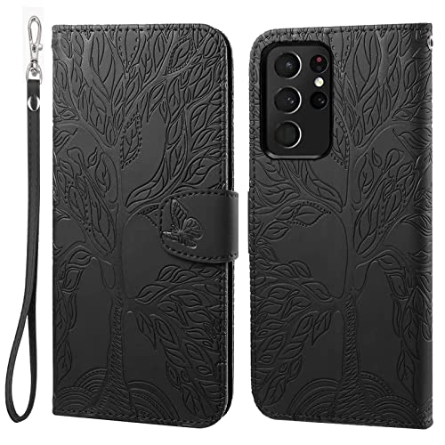 LEINOTWANCH Handyhülle für Samsung Galaxy S21 Ultra 5G Wallet Flip Case Leder Handytasche,Magnetic Closure,Kartenfächer,Aufstellfunktion,schützend und geprägt mit Lebensbaum Muster-Schwarz von LEINOTWANCH