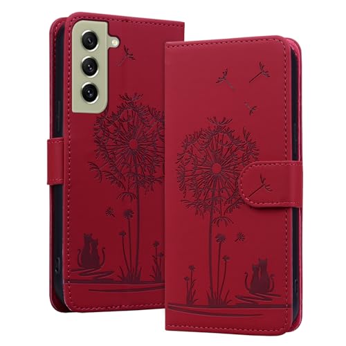LEINOTWANCH Handyhülle für Samsung Galaxy S21FE 5G (6.4 Zoll) Klappbar,Katze Leder Magnetic Closure Etui Standfunktion Klapphülle,Kartenfächer Wallet Lanyard Schutzhülle,Rot von LEINOTWANCH