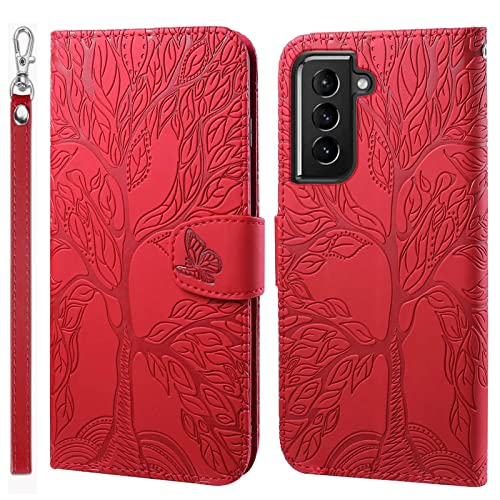 LEINOTWANCH Handyhülle für Samsung Galaxy S22+/S22 Plus 5G Wallet Flip Case Leder Handytasche,Magnetic Closure,Kartenfächer,Aufstellfunktion,schützend und geprägt mit Lebensbaum Muster-Rot von LEINOTWANCH
