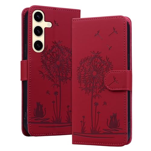 LEINOTWANCH Handyhülle für Samsung Galaxy S24 5G/S25 5G (6.2 Zoll) Klappbar,Katze Leder Magnetic Closure Etui Standfunktion Klapphülle,Kartenfächer Wallet Lanyard Schutzhülle,Rot von LEINOTWANCH