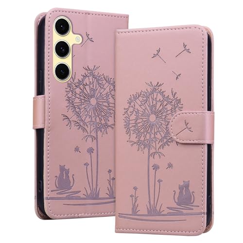 LEINOTWANCH Handyhülle für Samsung Galaxy S24FE 5G (6.7 Zoll) Klappbar,Katze Leder Magnetic Closure Etui Standfunktion Klapphülle,Kartenfächer Wallet Lanyard Schutzhülle,Rosa von LEINOTWANCH