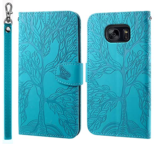 LEINOTWANCH Handyhülle für Samsung Galaxy S7 Wallet Flip Case Leder Handytasche,Magnetic Closure,Kartenfächer,Aufstellfunktion,schützend und geprägt mit Lebensbaum Muster-Blau von LEINOTWANCH