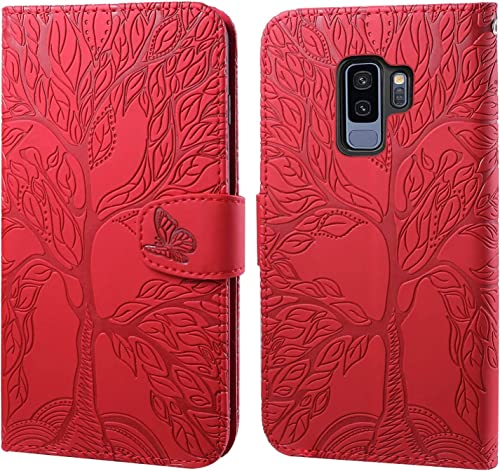 LEINOTWANCH Handyhülle für Samsung Galaxy S9+/S9 Plus Wallet Flip Case Leder Handytasche,Magnetic Closure,Kartenfächer,Aufstellfunktion,schützend und geprägt mit Lebensbaum Muster-Rot von LEINOTWANCH