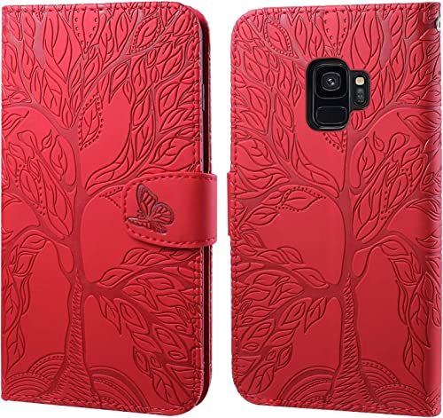LEINOTWANCH Handyhülle für Samsung Galaxy S9 Wallet Flip Case Leder Handytasche,Magnetic Closure,Kartenfächer,Aufstellfunktion,schützend und geprägt mit Lebensbaum Muster-Rot von LEINOTWANCH