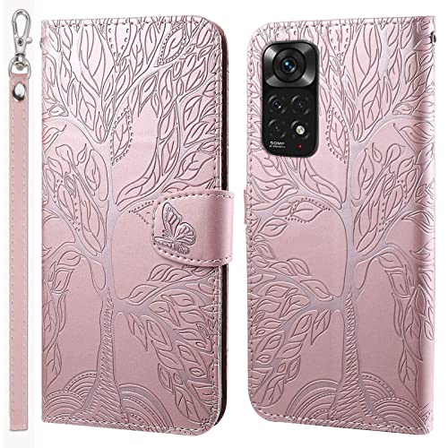 LEINOTWANCH Handyhülle für Xiaomi Redmi Note 11 4G/Note 11S 4G Hülle Lebensbaum Schmetterling Leder Magnetic Closure Etui Klapphülle Wallet Handytasche Anti-Diebstahl Flip Cover,Rosa von LEINOTWANCH