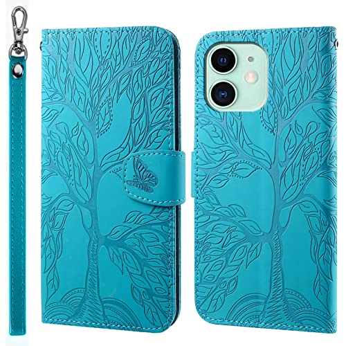 LEINOTWANCH Handyhülle für iPhone 11/iPhone 11 Pro (6.1 Inch) Hülle Lebensbaum Schmetterling Leder Magnetic Closure Etui Klapphülle Wallet Handytasche Anti-Diebstahl Flip Cover Handyhülle,Blau von LEINOTWANCH