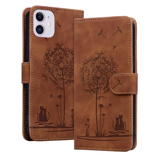 LEINOTWANCH Handyhülle für iPhone 11 (6.1 Zoll) Klappbar,3D-geprägter mit Katze Leder Magnetic Closure Etui Standfunktion Klapphülle,Kartenfächer Wallet Lanyard Schutzhülle,Braun von LEINOTWANCH