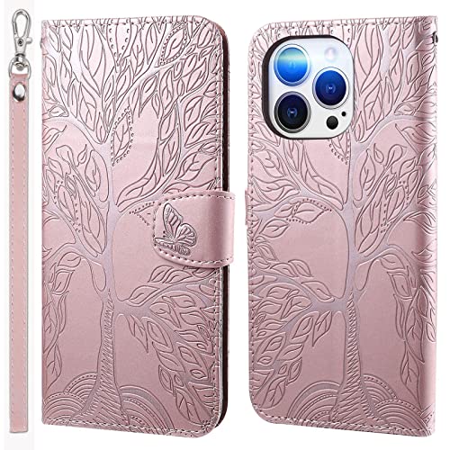 LEINOTWANCH Handyhülle für iPhone 11 Pro (5.8 Inch) Hülle Lebensbaum Schmetterling Leder Magnetic Closure Etui Klapphülle Wallet Handytasche Anti-Diebstahl Flip Cover Handyhülle,Rosa von LEINOTWANCH