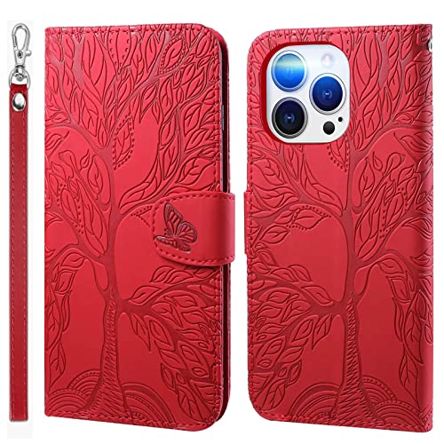 LEINOTWANCH Handyhülle für iPhone 11 Pro (5.8 Inch) Hülle Lebensbaum Schmetterling Leder Magnetic Closure Etui Klapphülle Wallet Handytasche Anti-Diebstahl Flip Cover Handyhülle,Rot von LEINOTWANCH