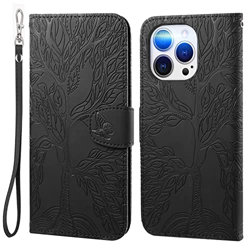 LEINOTWANCH Handyhülle für iPhone 11 Pro (5.8 Inch) Hülle Lebensbaum Schmetterling Leder Magnetic Closure Etui Klapphülle Wallet Handytasche Anti-Diebstahl Flip Cover Handyhülle,Schwarz von LEINOTWANCH