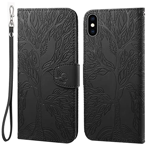 LEINOTWANCH Handyhülle für iPhone XS Max (6.5 Inch) Hülle Lebensbaum Schmetterling Leder Magnetic Closure Etui Klapphülle Wallet Handytasche Anti-Diebstahl Flip Cover Handyhülle,Schwarz von LEINOTWANCH
