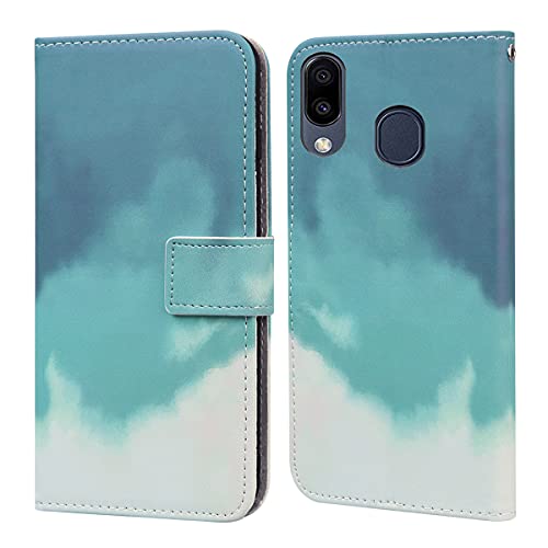 LEINUO Handyhülle für Samsung Galaxy A40 PU-Leder Brieftasche Hülle mit Magnetischer Klapphülle KreditkartenfächerMit Ständer Aquarell-Farbverlauf-Design,Teal Green von LEINUO