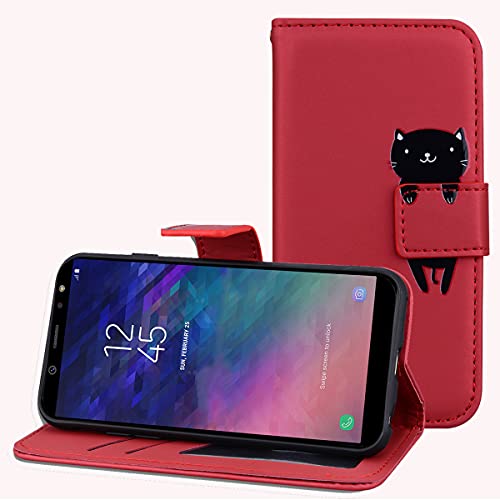 LEINUO Handyhülle für Samsung Galaxy A6 (2018) (5.6") PU-Leder Brieftasche Hülle mit Magnetischer Klapphülle [Kreditkartenfächer] [Mit Ständer] 3D-Cartoon-Muster,Rote Katze von LEINUO