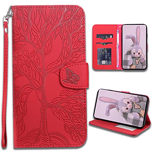 LEINUO Handyhülle für Samsung Galaxy S20 FE 5G (6.5") Baum des Lebens Designmuster Handyhülle für Hülle Klapphülle Leder Schutzhülle Handytasche für Hülle Tasche,Rot von LEINUO