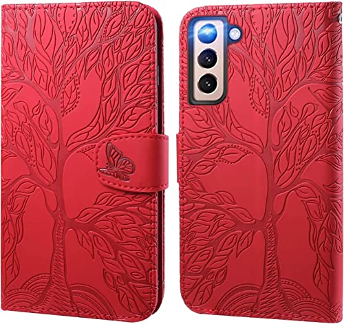LEINUO Handyhülle für Samsung Galaxy S21 FE 5G (6.4 Zoll) Baum des Lebens Designmuster Handyhülle für Hülle Klapphülle Leder Schutzhülle Handytasche für Hülle Tasche,Rot von LEINUO