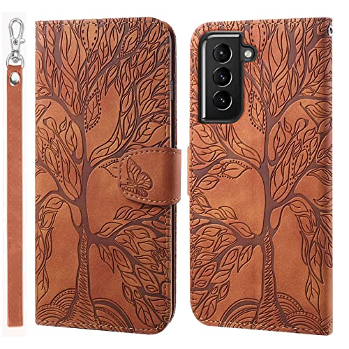 LEINUO Handyhülle für Samsung Galaxy S22 5G (6.1 Zoll) Baum des Lebens Designmuster Handyhülle für Hülle Klapphülle Leder Schutzhülle Handytasche für Hülle Tasche,Braun von LEINUO