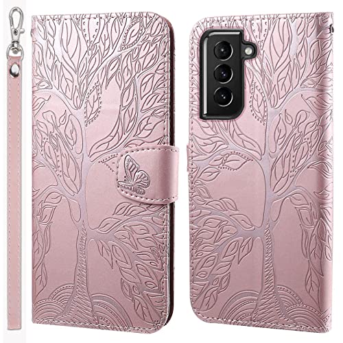 LEINUO Handyhülle für Samsung Galaxy S22 5G (6.1 Zoll) Baum des Lebens Designmuster Handyhülle für Hülle Klapphülle Leder Schutzhülle Handytasche für Hülle Tasche,Rosa von LEINUO