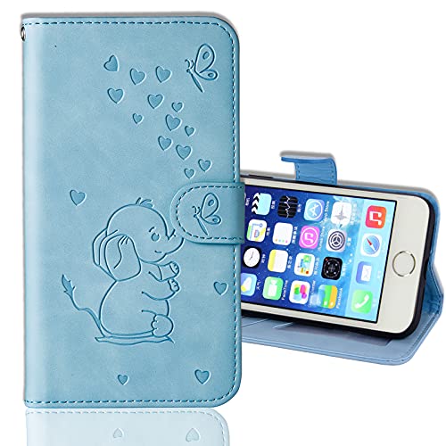 LEINUO Hülle für Apple iPhone 7/8/SE(2020) (4.7") PU-Leder Brieftasche Hülle mit magnetischer Klapphülle [Kreditkartenfächer] [mit Ständer] Elefantenprägung,Blau von LEINUO