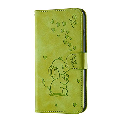 LEINUO Hülle für Apple iPhone XS MAX (6.5") PU-Leder Brieftasche Hülle mit magnetischer Klapphülle [Kreditkartenfächer] [mit Ständer] Elefantenprägung,Grün von LEINUO