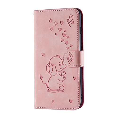 LEINUO Hülle für Samsung Galaxy Note10 Lite/A81 (6.7") PU-Leder Brieftasche Hülle mit magnetischer Klapphülle [Kreditkartenfächer] [mit Ständer] Elefantenprägung,Rosa von LEINUO