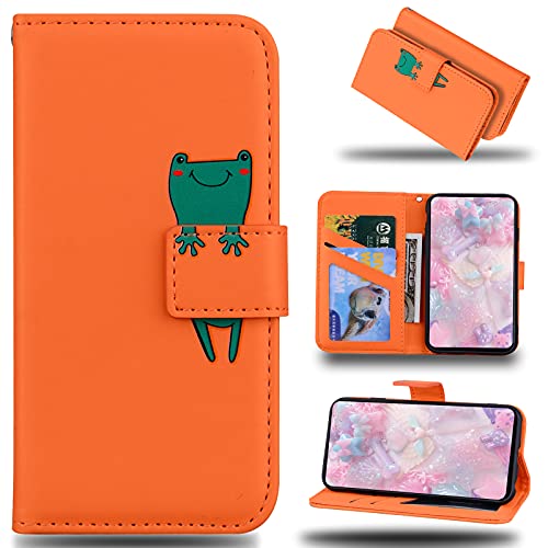 LEINUO Schutzhülle für Samsung Galaxy A42 5G (6,6 Zoll) Schutzhülle aus PU-Leder, Brieftasche, Standfunktion, Kartenfächer und mit Magnetverschluss, Frosch, Orange von LEINUO