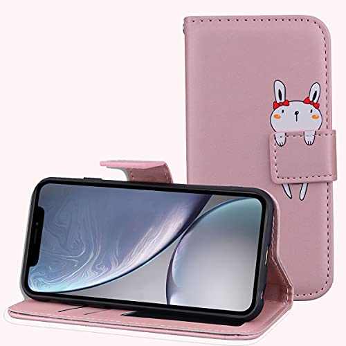 LEINUO handyhülle für Apple iPhone 11 (6.1") PU-Leder Brieftasche Hülle mit Magnetischer Klapphülle [Kreditkartenfächer] [Mit Ständer] 3D-Cartoon-Muster,Rosa Kaninchen von LEINUO