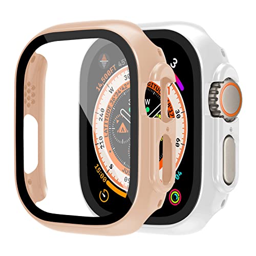 2-Stück Case für Apple Watch Ultra Hülle 49mm mit Displayschutz aus gehärtetem Glas,Case+Panzerglasfolie Kantenschutz Anti Drop Kratzfest Robust Schutzhülle für iWatch Ultra,Rosa/Weiß von LEIXIUER