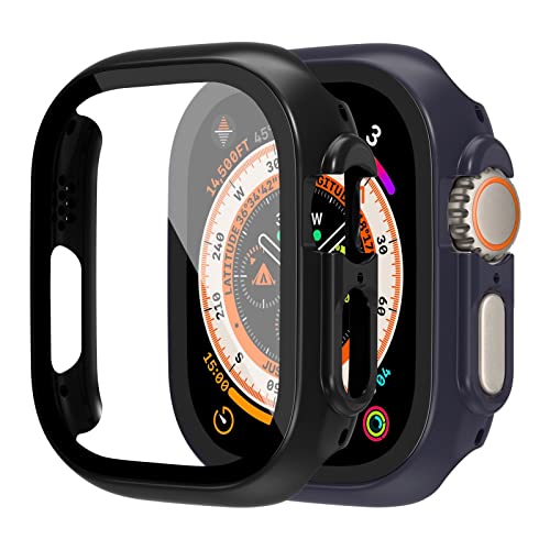 2-Stück Case für Apple Watch Ultra Hülle 49mm mit Displayschutz aus gehärtetem Glas,Case+Panzerglasfolie Kantenschutz Anti Drop Kratzfest Robust Schutzhülle für iWatch Ultra,Schwarz/Nachtblau von LEIXIUER