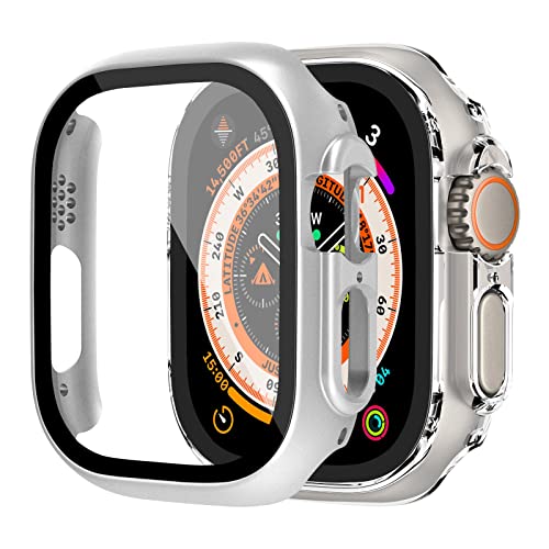 2-Stück Case für Apple Watch Ultra Hülle 49mm mit Displayschutz aus gehärtetem Glas,Case+Panzerglasfolie Kantenschutz Anti Drop Kratzfest Robust Schutzhülle für iWatch Ultra,Silber/Transparent von LEIXIUER