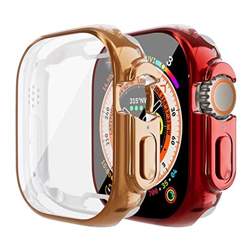 2-Stück Cases für Apple Watch Ultra Hülle mit Displayschutz 49mm, TPU Rundum Anti Drop Kratzfest Schutzhülle HD Ultradünne Weiche Schutz Case für iWatch Ultra 49mm,Roségold/Rot von LEIXIUER