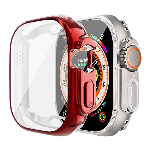 2-Stück Cases für Apple Watch Ultra Hülle mit Displayschutz 49mm, TPU Rundum Anti Drop Kratzfest Schutzhülle HD Ultradünne Weiche Schutz Case für iWatch Ultra 49mm,Rot/Transparent von LEIXIUER