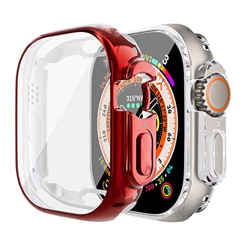 LEIXIUER 2-Stück Cases für Apple Watch Ultra Hülle mit Displayschutz 49mm, TPU Rundum Anti Drop Kratzfest Schutzhülle HD Ultradünne Weiche Schutz Case für iWatch Ultra 49mm,Rot/Transparent von LEIXIUER