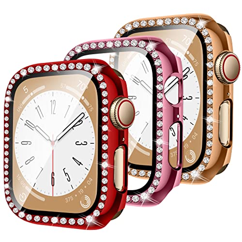 3 Stück Bling Diamond Case für Apple Watch Series 8 7 SE 45mm Gesamt-PC-Abdeckung mit Displayschutz aus gehärtetem Glas und Kristalldiamanten, kompatibel mit iWatch 8 7 SE 45mm Rot+Rosa+Roségold von LEIXIUER