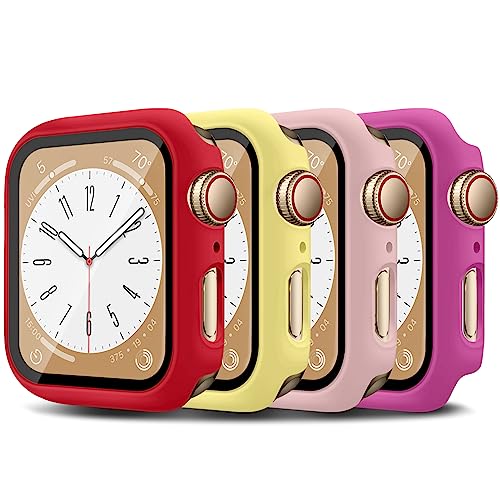 4-Stück für Apple Watch SE Series 6 5 4 40mm Hülle mit Displayschutz aus gehärtetem Glas,Case+Panzerglasfolie Vollschutz Hardcase Rundum Schutzhülle für iWatch SE 6 5 4 40mm,Rot/Rosa/Rose Rot/Gelb von LEIXIUER