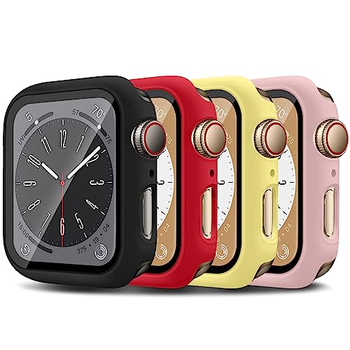 4-Stück für Apple Watch Series 8 7 41mm Hülle mit Displayschutz aus gehärtetem Glas,PC Case+Panzerglasfolie Vollschutz Hardcase HD Folie Rundum Schutzhülle für iWatch 8 7 41mm,Schwarz/rot/rosa/gelb von LEIXIUER