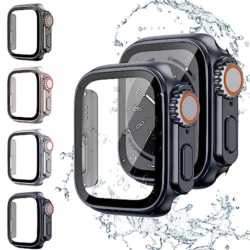 4 Stück integrierte Displayschutzfolie aus gehärtetem Glas für Apple Watch Series 8 7 41 mm (Upgrade auf iWatch Ultra), kratzfeste PC-Abdeckung für iWatch 8 7 41 mm (Titan/Silber/Sternenlicht/Schwarz) von LEIXIUER